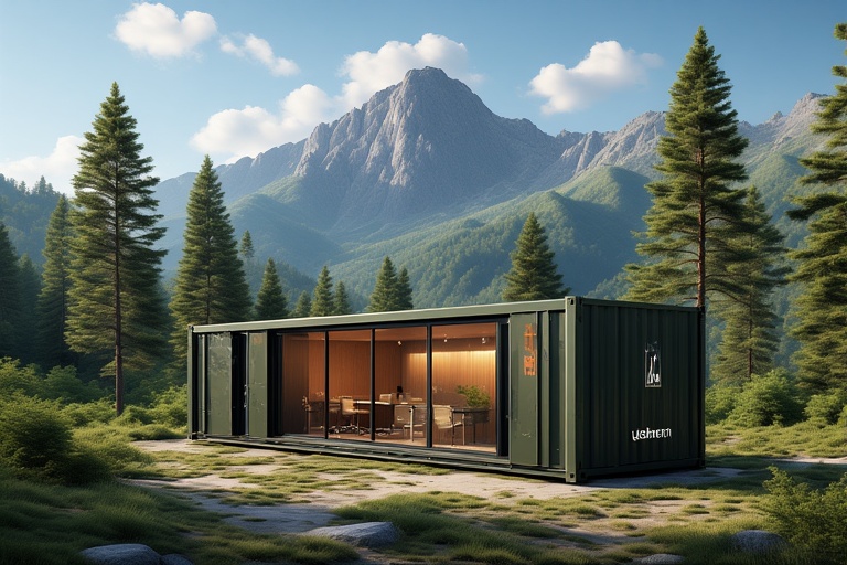 Container offices in Himachal Pradesh mountain landscape